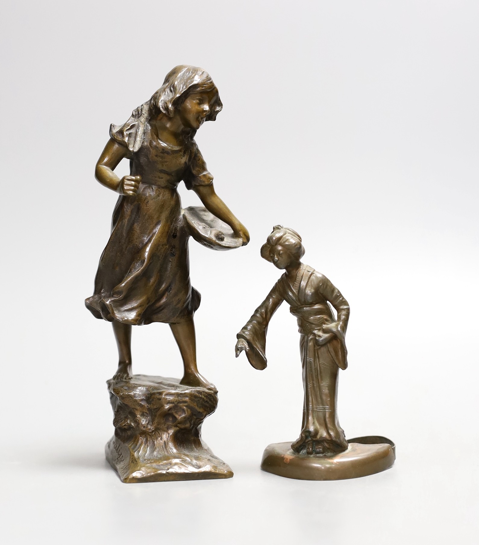 Kowalski, a small bronze figure of a girl and a damaged figure of a geisha, tallest 18cm